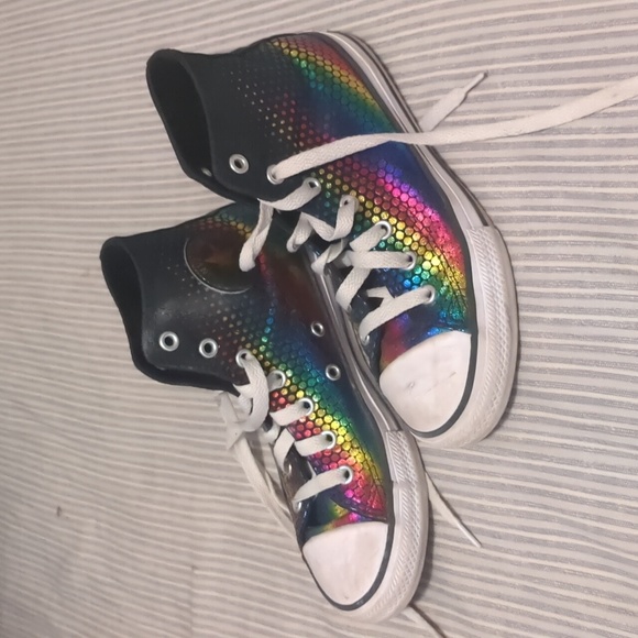 Converse girls high tops, black with metallic rainbow print - Picture 1 of 5